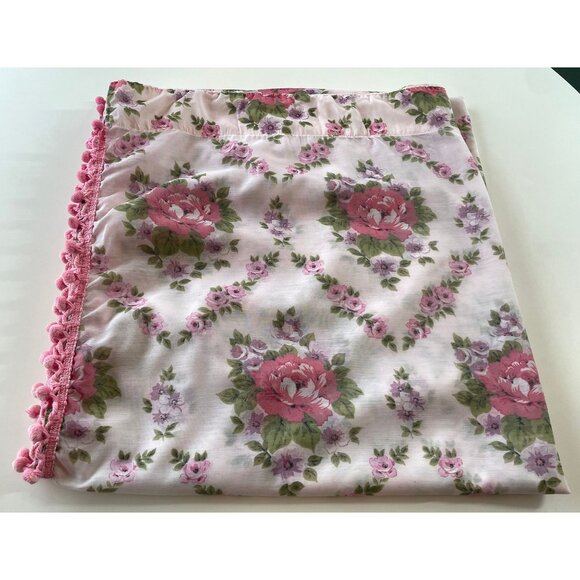 Vintage 70s pleated curtain with pompons, pink roses floral double panels - Picture 10 of 10